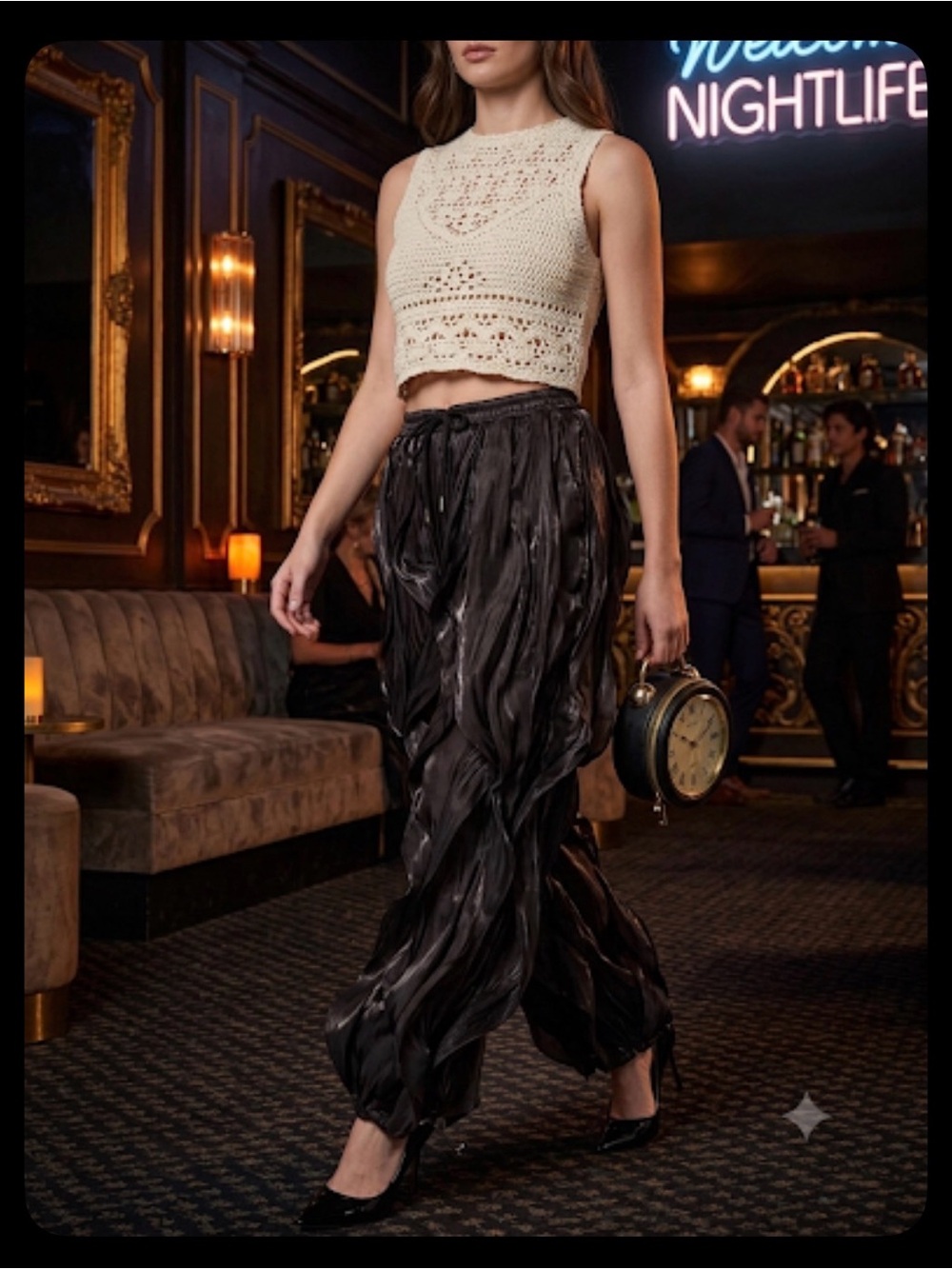 AKIRA Coolest On The Block Black Sheer Ruffle Wide-Leg Jogger Pants